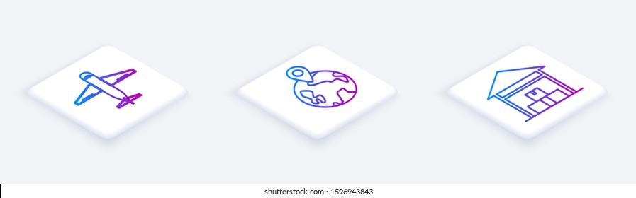 Set Isometric line Plane , Worldwide  and Warehouse . White square button. Vector