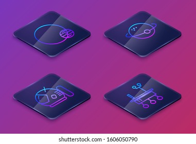 Set Isometric line Planet, Astronaut helmet, Planet and Mars rover. Blue square button. Vector
