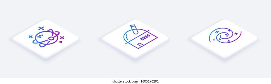 Set Isometric line Planet, Astronomical observatory and Black hole. White square button. Vector