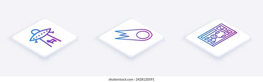 Conjunto de línea isométrica Planeta, Cometa cayendo rápidamente y Hud Futurista interfaz. Botón cuadrado blanco. Vector