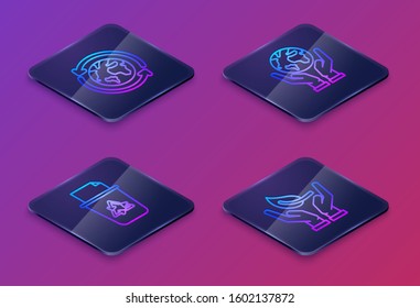Set Isometric line Planet earth and a recycling, Recycle bin with recycle symbol, Human hands holding Earth globe and Sprout in hand of environmental protection. Blue square button. Vector