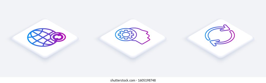 Set Isometric line Planet earth and a recycling, Human head with gear inside and Refresh. White square button. Vector