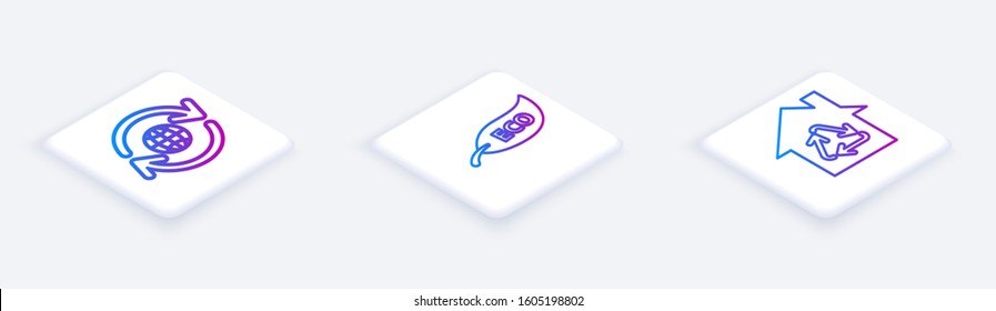 Set Isometric line Planet earth and a recycling, Leaf Eco symbol and Eco House with recycling symbol. White square button. Vector