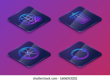 Set Isometric line Planet earth and a recycling, Radioactive, Trash can and Electric plug. Blue square button. Vector