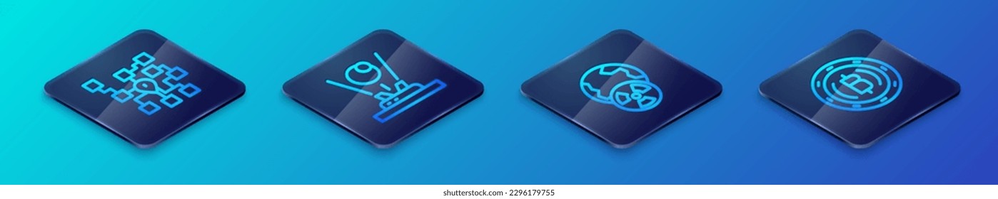 Set Isometric line Planet earth and radiation, Neural network, Cryptocurrency coin Bitcoin and Hologram icon. Vector