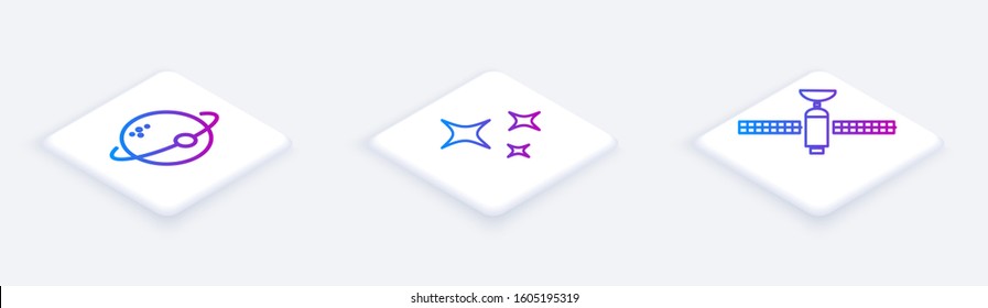 Set Isometric line Planet, Falling star and Satellite. White square button. Vector