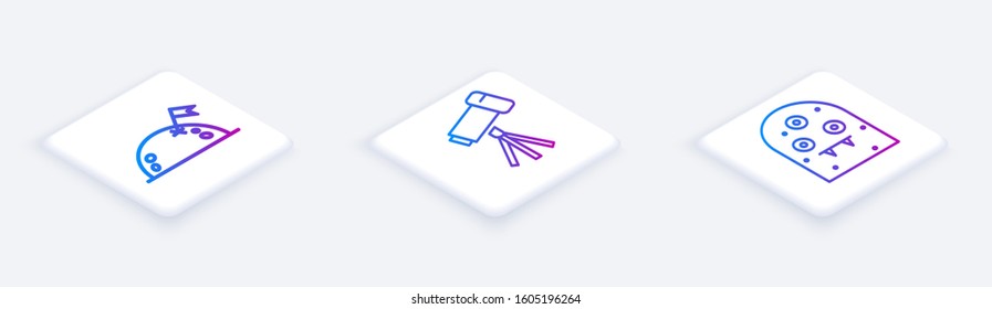 Set Isometric line Planet with flag, Telescope and Alien. White square button. Vector