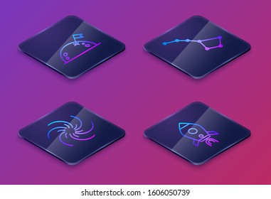 Set Isometric line Planet with flag, Black hole, Great Bear constellation and Rocket ship with fire. Blue square button. Vector