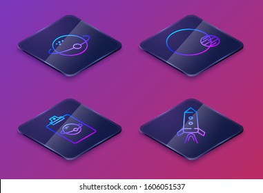 Set Isometric line Planet, Planet, Planet and Rocket ship with fire. Blue square button. Vector