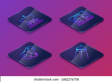 Set Isometric line Planet Saturn, Asteroid, Celestial map of the night sky and Satellite. Blue square button. Vector