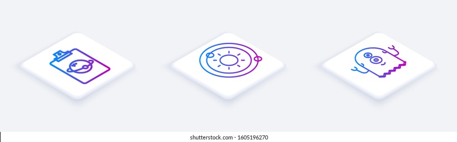 Set Isometric line Planet, Solar system and Alien. White square button. Vector