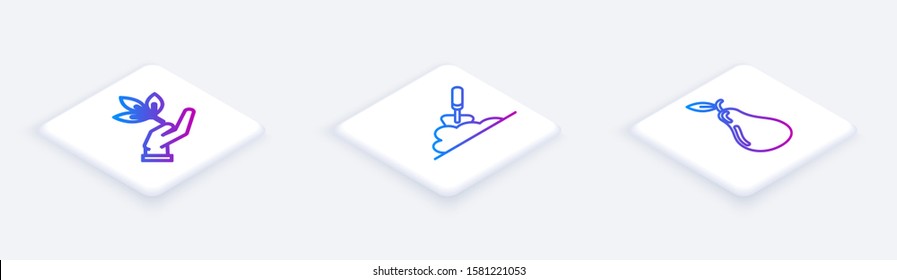 Set Isometric line Plant in hand of environmental protection, Garden trowel spade or shovel in the ground and Pear. White square button. Vector