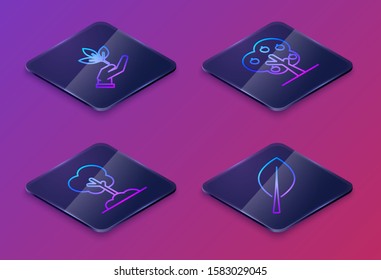 Set Isometric line Plant in hand of environmental protection, Tree in the ground, Tree with apple and Leaf. Blue square button. Vector