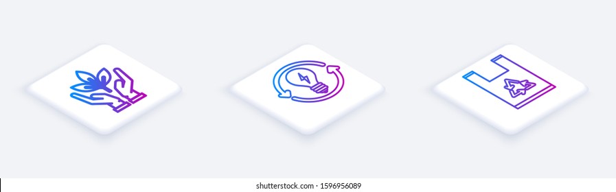 Set Isometric line Plant in hand of environmental protection, Recycle and light bulb with lightning symbol and Plastic bag with recycle. White square button. Vector
