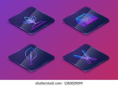 Set Isometric line Plant, Leaf, Farm house and Gardening handmade scissors for trimming. Blue square button. Vector