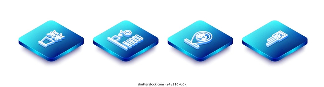 Set Isometric line Plant in pot, Flower status, Tractor and location and Temperature humidity sensor icon. Vector