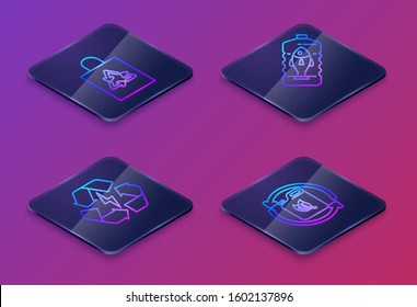 Set Isometric line Plastic bag with recycle, Battery with recycle symbol, Stop ocean plastic pollution and Bio fuel canister. Blue square button. Vector