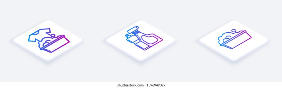 Set Isometric line Plastic basin with soap suds , Plastic bottles for liquid dishwashing liquid and Plastic basin with soap suds . White square button. Vector