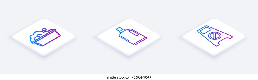 Set Isometric line Plastic basin with soap suds , Plastic bottles for liquid dishwashing liquid and Wet floor and cleaning in progress . White square button. Vector