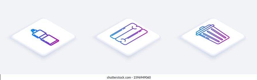 Set Isometric line Plastic bottles for liquid dishwashing liquid, Towel stack  and Trash can . White square button. Vector