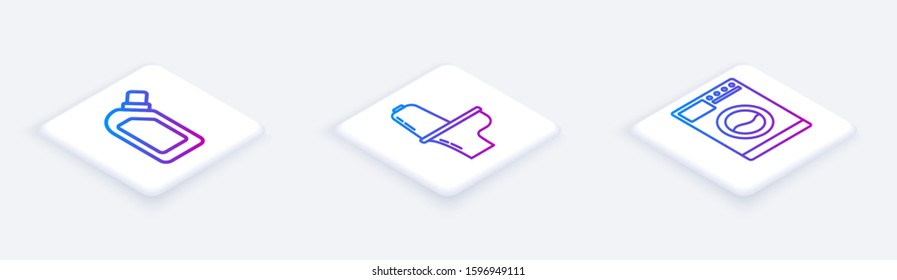 Set Isometric line Plastic bottles for liquid dishwashing liquid, Toilet bowl  and Washer . White square button. Vector
