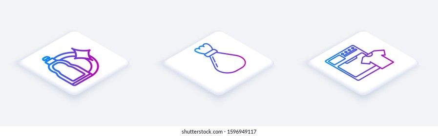 Set Isometric line Plastic bottles for liquid dishwashing liquid, Garbage bag  and Washer and t-shirt . White square button. Vector