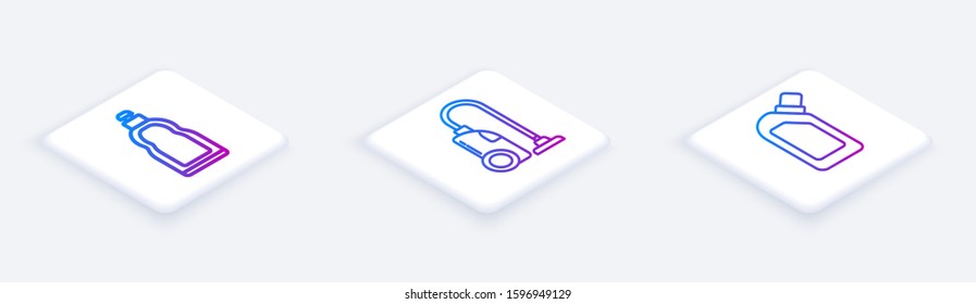 Set Isometric line Plastic bottles for liquid dishwashing liquid, Vacuum cleaner  and Plastic bottles for liquid dishwashing liquid. White square button. Vector