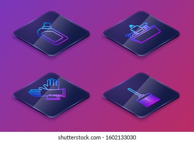 Set Isometric line Plastic bottles for liquid dishwashing liquid, Rubber gloves , Plastic bottles for liquid dishwashing liquid and Handle broom . Blue square button. Vector