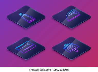 Set Isometric line Plastic bottles for liquid dishwashing liquid, Towel stack , Electric iron  and Vacuum cleaner. Blue square button. Vector