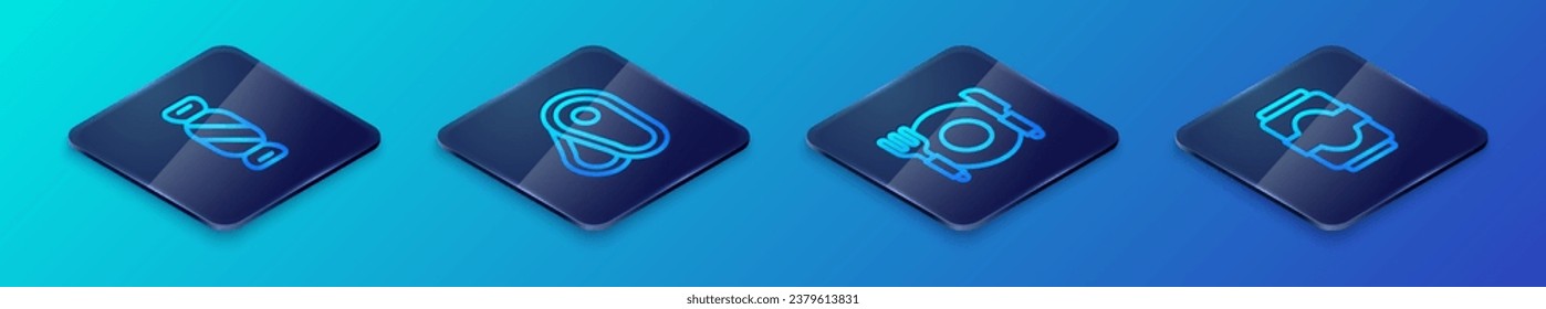 Set Isometric line Plate, fork and knife, Candy, Soda can and Steak meat icon. Vector