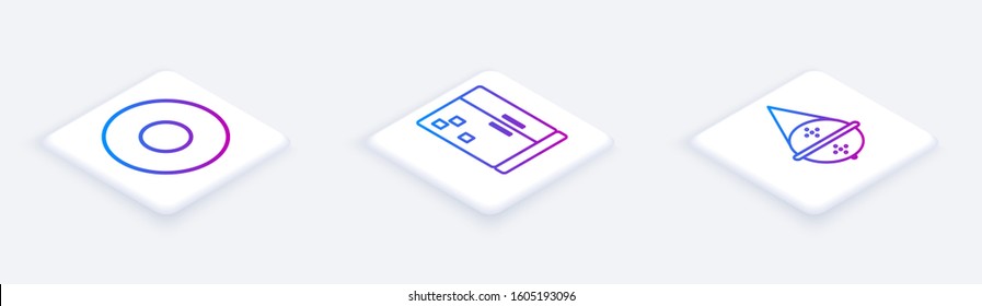 Set Isometric line Plate, Refrigerator and Ball tea strainer. White square button. Vector