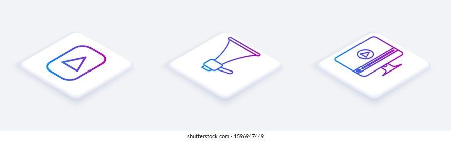 Set Isometric line Play , Megaphone  and Online play video . White square button. Vector
