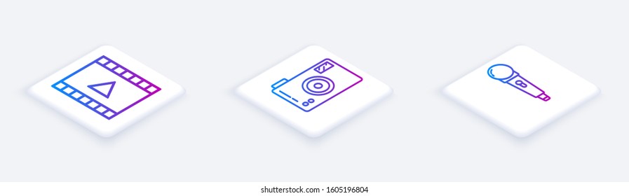 Set Isometric line Play Video, Photo camera and Microphone. White square button. Vector