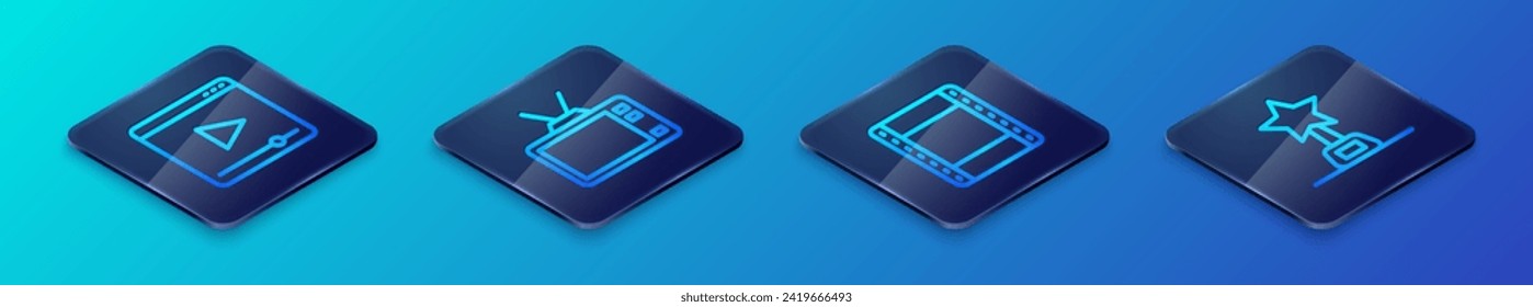 Set Isometric line Play video, Online play, Movie trophy and Retro tv icon. Vector