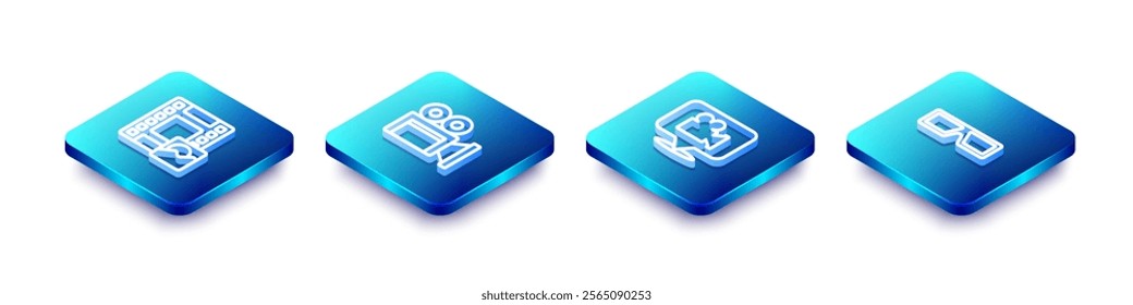 Set Isometric line Play Video, Cinema camera, Camera and location and 3D cinema glasses icon. Vector