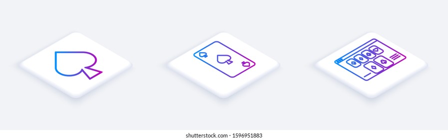 Set Isometric line Playing card with spades symbol, Playing card with spades symbol and Online poker table game. White square button. Vector