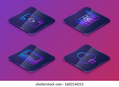 Set Isometric line Playing card with spades symbol, Deck of playing cards, Slot machine and Playing card with clubs symbol. Blue square button. Vector