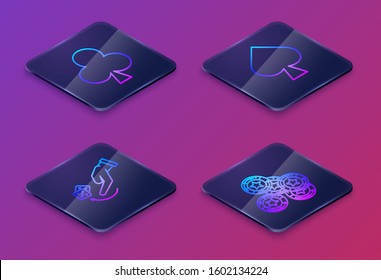 Set Isometric line Playing card with clubs symbol, Human hand throwing game dice, Playing card with spades symbol and Casino chips. Blue square button. Vector