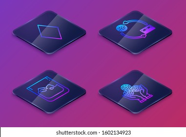 Set Isometric line Playing card with diamonds symbol, Glass of whiskey and ice cubes, Casino chips exchange on stacks of dollars and Hand holding casino chips. Blue square button. Vector
