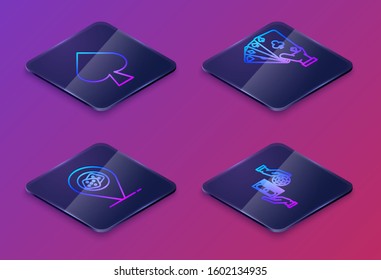 Set Isometric line Playing card with spades symbol, Casino location, Hand holding playing cards and Casino chips exchange on stacks of dollars. Blue square button. Vector