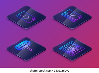 Set Isometric line Playing card with heart symbol, Casino signboard, Deck of playing cards and Online slot machine. Blue square button. Vector