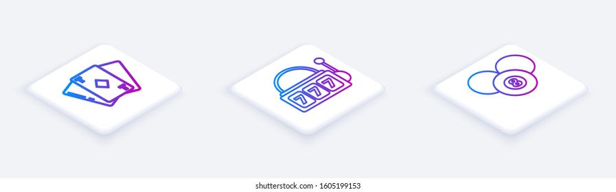 Set Isometric line Playing card with diamonds, Slot machine with lucky sevens jackpot and Billiard pool snooker 8 ball. White square button. Vector