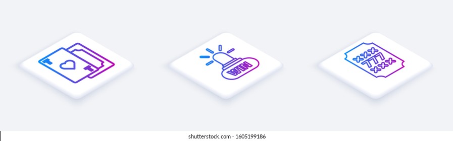 Set Isometric line Playing card with heart, Casino win and Slot machine with lucky sevens jackpot. White square button. Vector