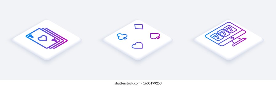 Set Isometric line Playing card with heart, Playing cards and Online slot machine with lucky sevens jackpot. White square button. Vector