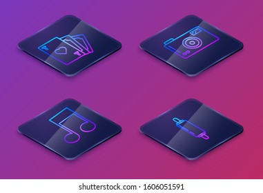 Set Isometric line Playing card with heart symbol, Music note, tone, Photo camera and Rolling pin. Blue square button. Vector