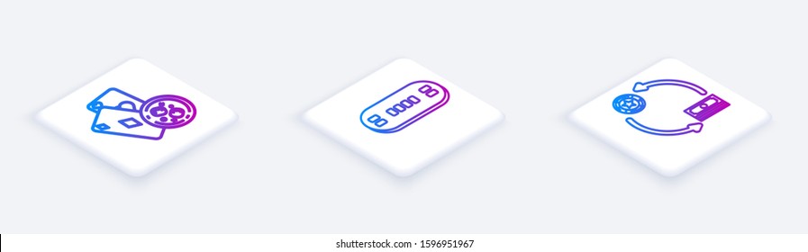 Set Isometric line Playing cards and glass of whiskey with ice cubes, Poker table and Casino chips exchange on stacks of dollars. White square button. Vector
