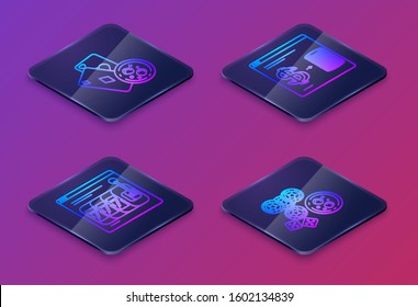 Set Isometric line Playing cards and glass of whiskey with ice cubes, Online slot machine with lucky sevens jackpot, ?asino chips exchange on stacks of dollar and game dice. Blue square button. Vector