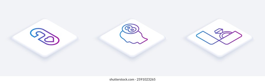 Set Isometric line Please do not disturb with heart, 8 March in human head and Diamond engagement ring. White square button. Vector