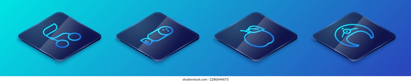 Set Isometric line Plum fruit, Fresh berries, Fish steak and Salami sausage icon. Vector