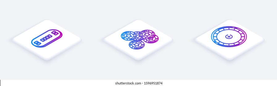 Set Isometric line Poker table, Casino chips and Casino roulette wheel. White square button. Vector